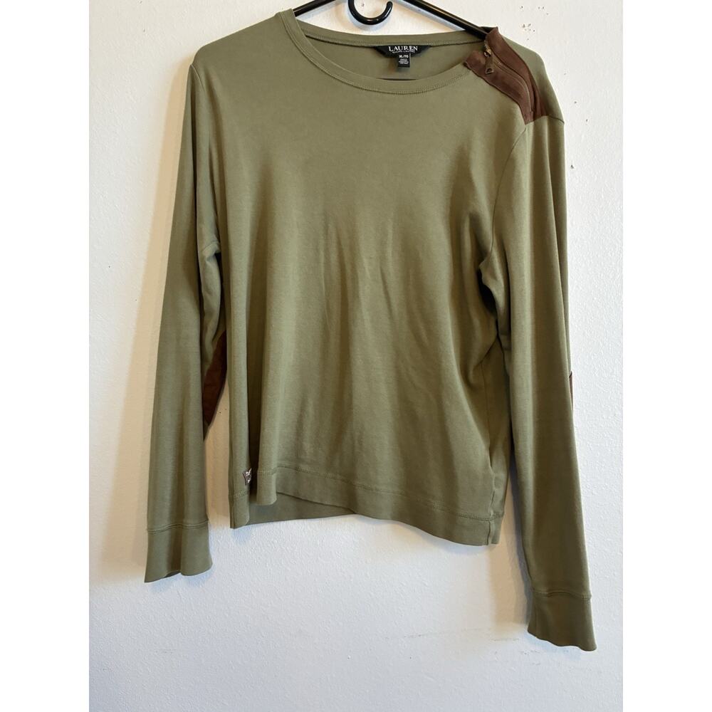 Ralph Lauren Olive Green Long Sleeve Top Suede Elbow Patch Equestrian Preppy XL - Picture 16 of 16
